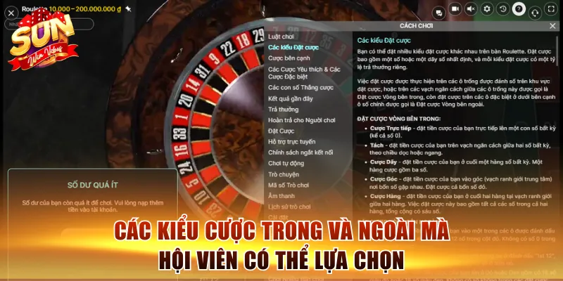 Các kiểu cược trong và ngoài mà hội viên có thể lựa chọn